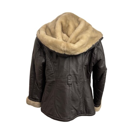 Vintage Womens Wilsons Leather Shearling Jacket Brown Small Hooded Fur Trimmed - Picture 9 of 14